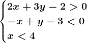\begincases 2x+3y-2>0 \\ -x+y-3<0 \\ x<4\endcases