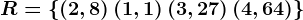 R=\left \ \left ( 2,8 \right ) \left ( 1,1 \right )\left ( 3,27\right )\left ( 4,64 \right )\right \