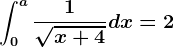 \int0^a\frac1\sqrtx+4dx=2