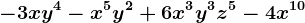 -3xy^4-x^5y^2+6x^3y^3z^5-4x^10